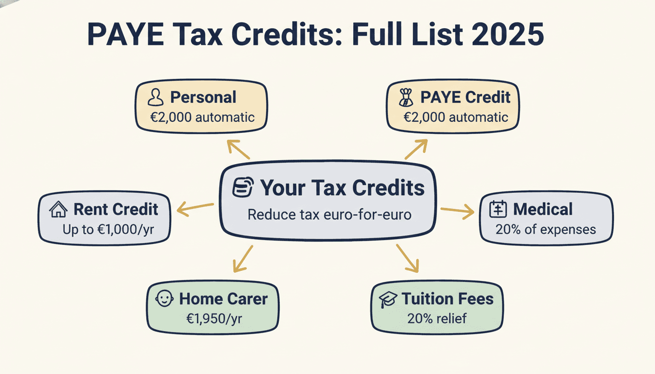 PAYE tax credits Ireland 2025: Personal €2,000, PAYE €2,000, Rent €1,000, Medical 20%, Home Carer €1,950, Tuition 20%